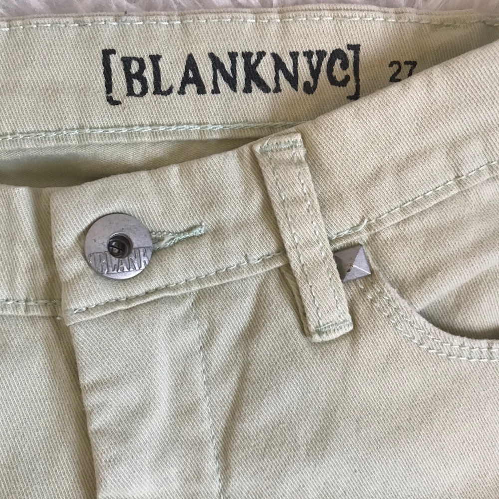 BlankNYC Light Green Distressed Studded Snake Print Trim Mid Rise Skinny Jeans - Picture 7 of 8